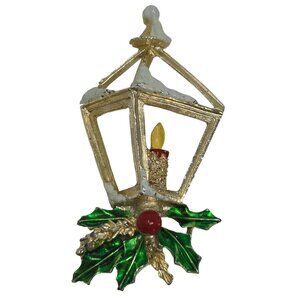 Vintage Gerry's Christmas Lantern Brooch Pin Holly Candle Gold Enamel